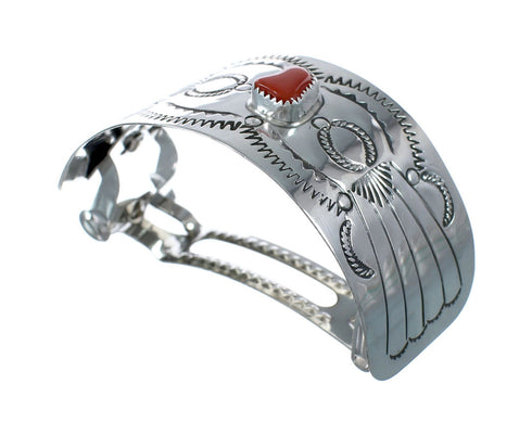 Coral and Genuine Sterling Silver Navajo Hair Barrette JX131022